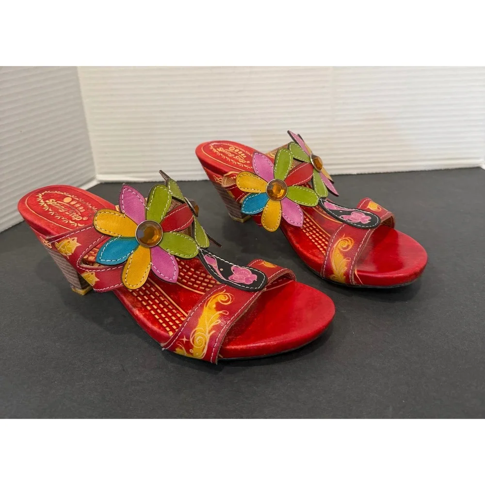 Spring Step Papaya Red Leather Slip On Hand‎ Painted Floral Low Heel Sandals 8.5